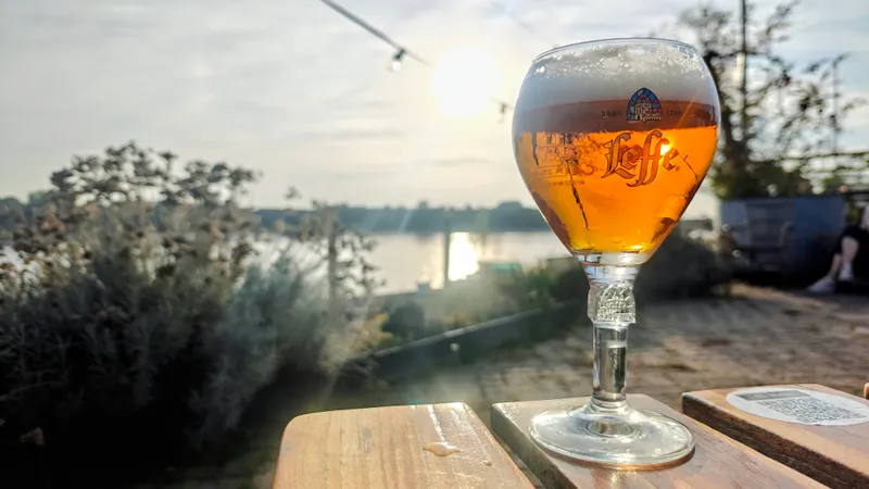 Een Leffe blond op het terras aan de kade, met de zon boven de Rijn